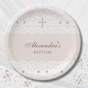 Elegant Cross Christening Christian Baptism Paper Plate