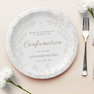 Elegant Cross Floral Confirmation Thank You Paper Plate