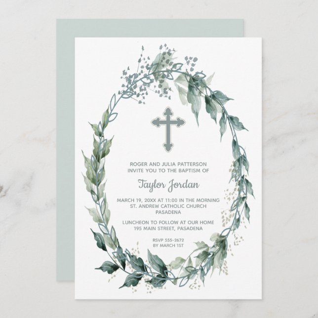 Elegant Cross Greenery Wreath Baptism Invitation (Front/Back)