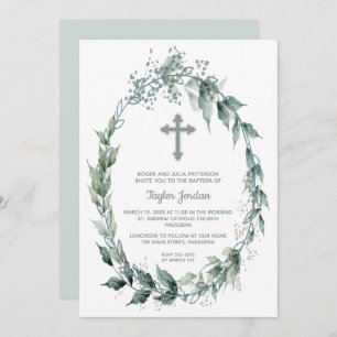 Elegant Cross Greenery Wreath Baptism Invitation