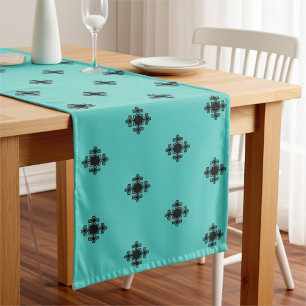Elegant Cross Motif in Black and Pastel Teal Blue Long Table Runner