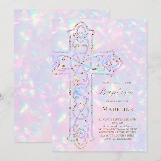elegant cross opal Baptism Invitation (Front/Back)