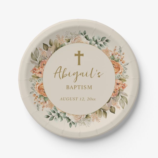 Elegant Cross Peach Cream Floral Baby Girl Baptism Paper Plate (Front)