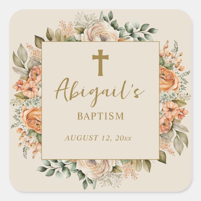 Elegant Cross Peach Cream Floral Baby Girl Baptism Square Sticker (Front)