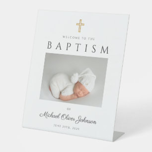 Elegant Cross Photo Boy Baptism Welcome Pedestal Sign