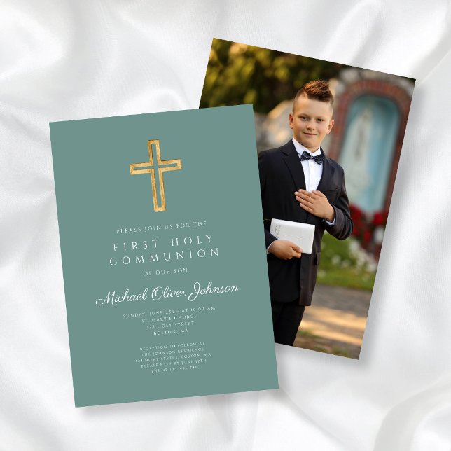 Elegant Cross Photo Boy First Communion  Invitation (Elegant Cross Photo Boy First Communion Invitation)
