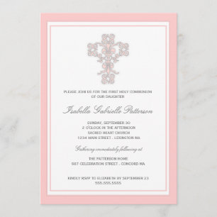 Elegant Cross Pink Girl First Communion Invitation