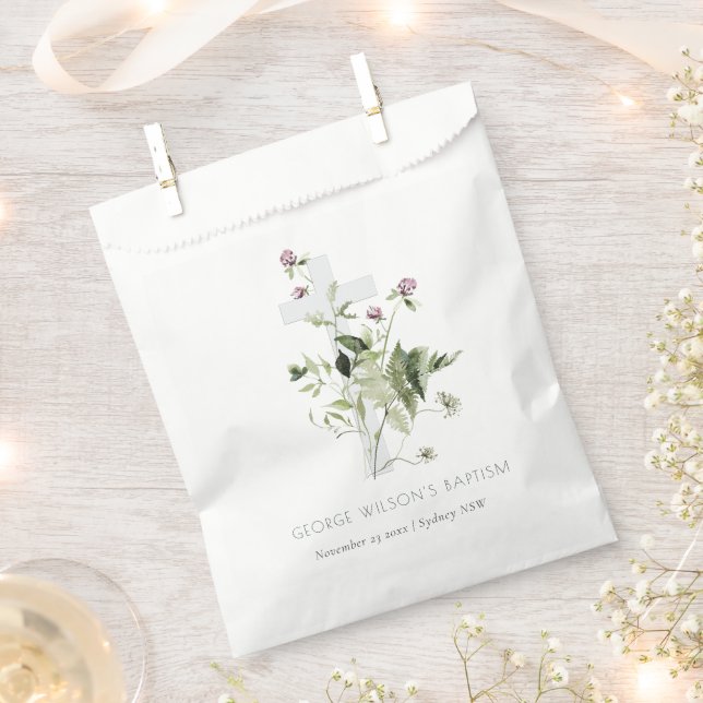 Elegant Cross Purple Wildflower Floral Baptism  Favour Bags (Clipped)