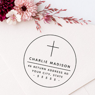Elegant cross round frame Christian return address Rubber Stamp