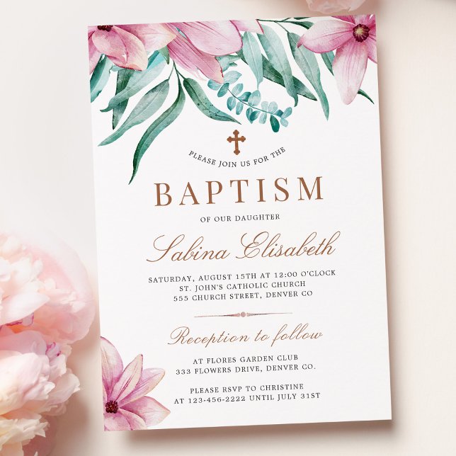 Elegant cross watercolor floral baptism invitation (Creator Uploaded)