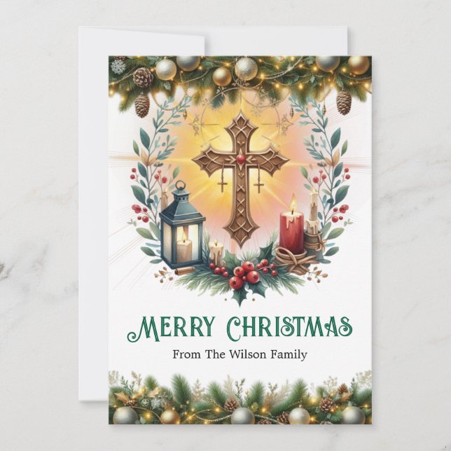 Elegant Cross with Lantern and Candles Christmas  Holiday Card (Front)