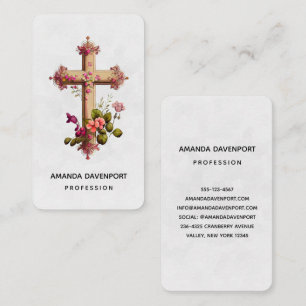 Elegant Cross with Pink Flowers Business Card