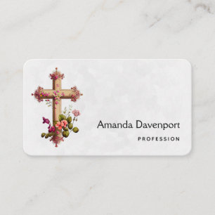 Elegant Cross with Pink Flowers Business Card