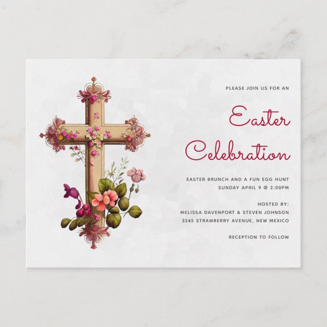  Elegant Cross with Pink Flowers Easter Party Postcard (Front)