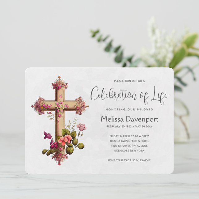 Elegant Cross with Pink Flowers Memorial Invitation (Standing Front)