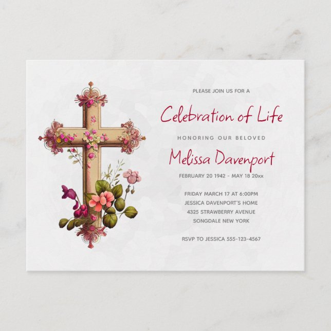 Elegant Cross with Pink Flowers Memorial Invite Postcard (Front)