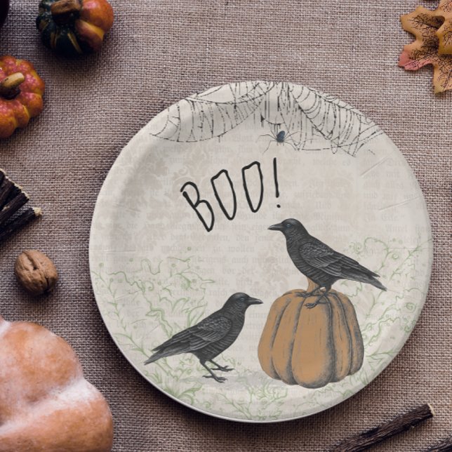 Elegant Crow Halloween Paper Plate (Vintage Gothic Halloween Party Plate)