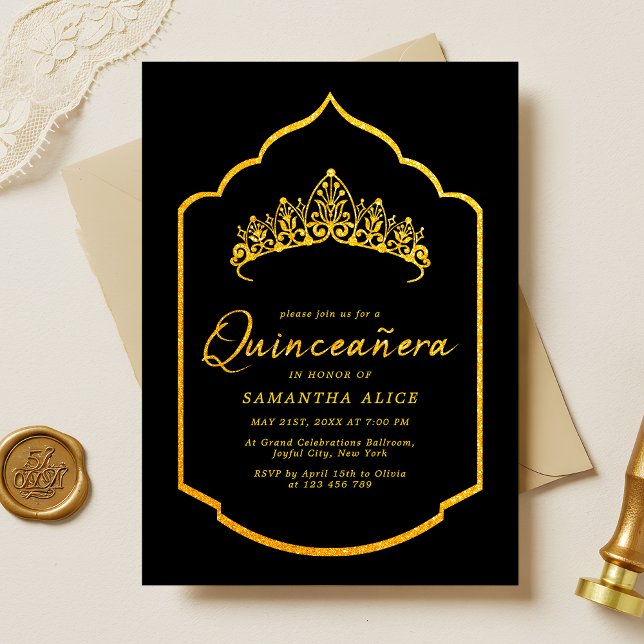 Elegant Crown Black and Gold Quinceanera Invitation (Creator Uploaded)