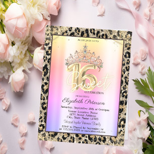 Elegant Crown Colourful Leopard Print Sweet 16 Invitation