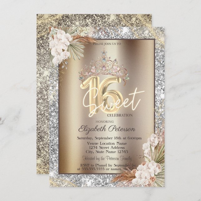Elegant Crown Flowers Sparkle Glitter Sweet 16   Invitation (Front/Back)