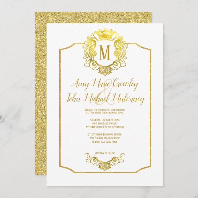 Elegant Crown Gold Royal Crest Wedding Invitation (Front/Back)