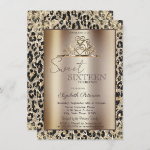 Elegant Crown Leopard Print Sweet 16   Invitation