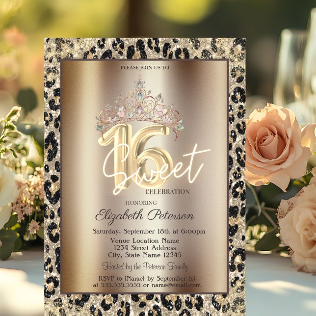Elegant Crown Leopard Print Sweet 16   Invitation (Creator Uploaded)