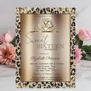 Elegant Crown Leopard Print Sweet 16   Invitation