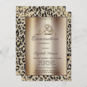 Elegant Crown Leopard Print Sweet Quinceañera Invitation