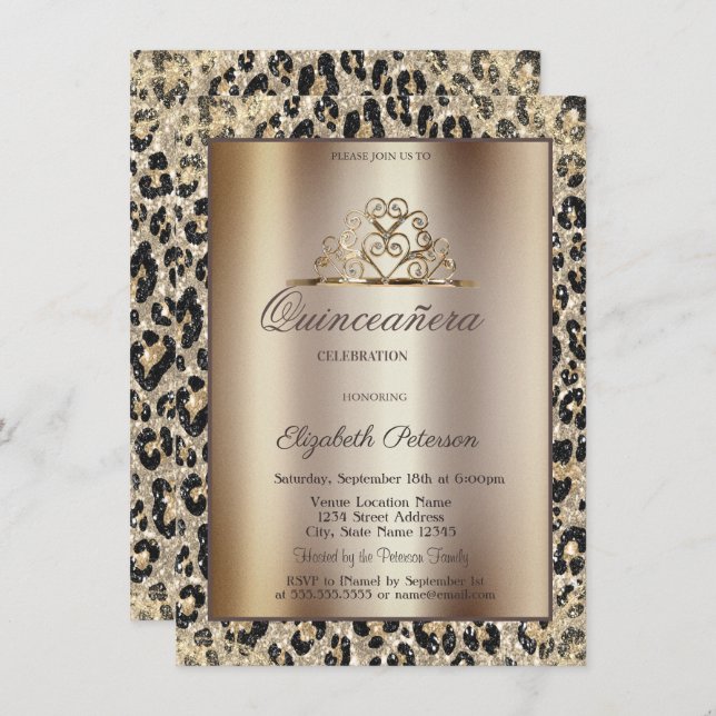 Elegant Crown Leopard Print Sweet Quinceañera Invitation (Front/Back)