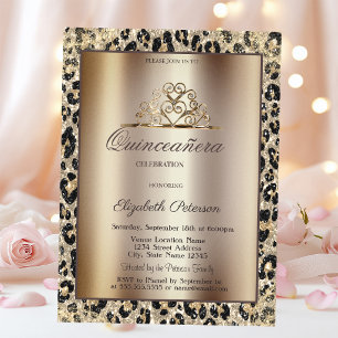 Elegant Crown Leopard Print Sweet Quinceañera Invitation