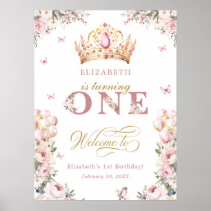 Elegant Crown Princess Girl 1st Birthday Welcome  Poster