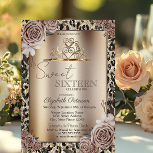Elegant Crown Roses Leopard Print Sweet 16 Invitation