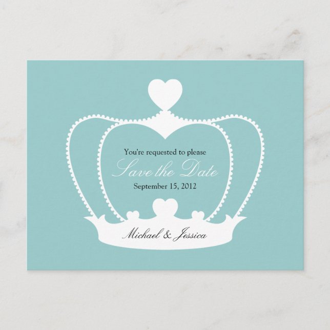 Elegant Crown Save the Date Postcard - Blue (Front)