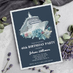 Elegant Cruise Ship Trip Women 40th Birthday Party Invitation<br><div class="desc">Elegant 40th birthday party cruise ship trip invitation for women. Personalise it with her name and the party details including the date,  cruise line,  departure port,  RSVP information,  and any other info needed. Design with a watercolor boat and beautiful flowers on a navy blue background and silver details.</div>