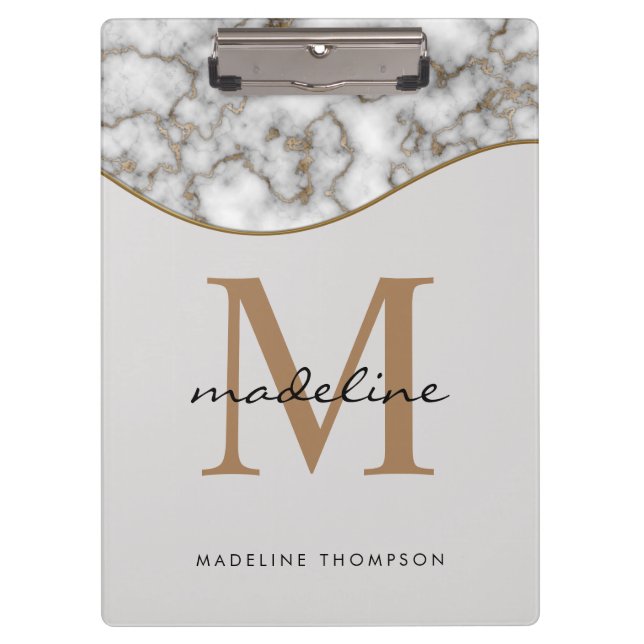 Elegant Crusted Gold Marble Black Grey Monogram Clipboard (Front)