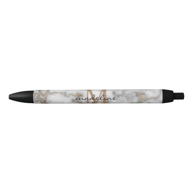 Elegant Crusted Gold Marble Black Grey Monogram Ink Pen (Front)