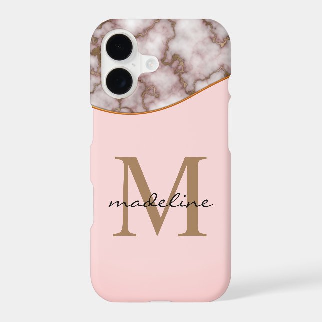 Elegant Crusted Gold Marble Dusty Pink Monogram iPhone Case (Back)