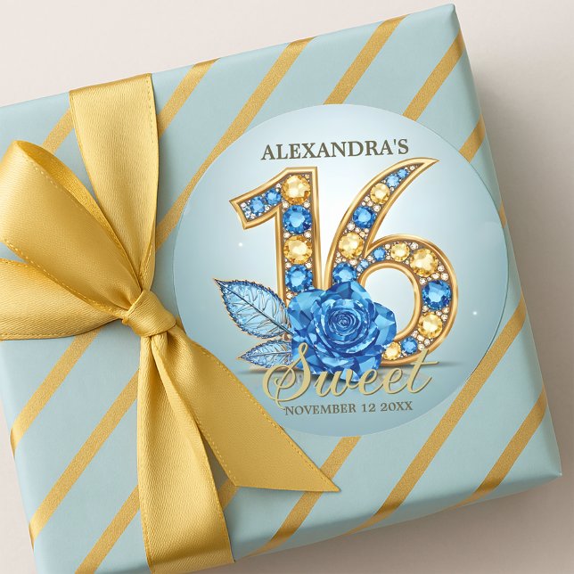 Elegant Crystal Blue Rose Gold Gemstone Sweet 16 Classic Round Sticker (Creator Uploaded)