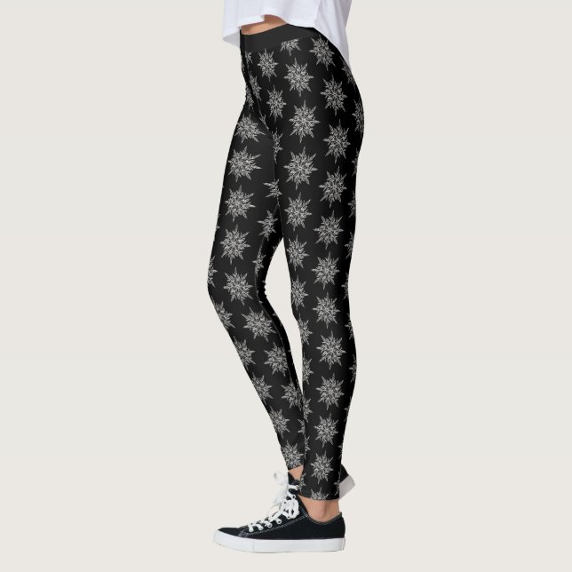 Elegant Crystal Ice Snowflake White Black Yoga Leggings (Left)