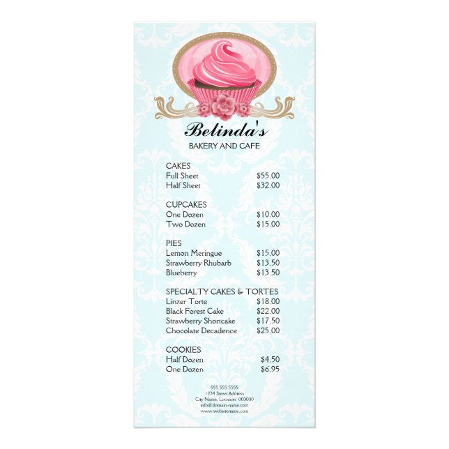 Elegant Cupcake Bakery Promo Price List Rack Card (Front)