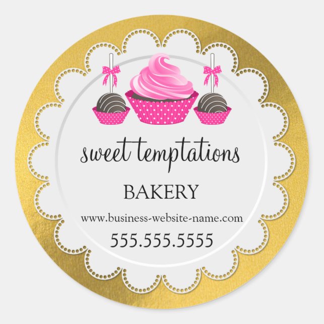 Elegant Cupcake Cake Pops Doily Faux Gold Foil Classic Round Sticker (Front)