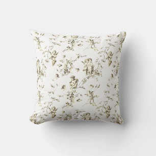 Elegant Cupid Angels Beige White Floral Toile Cushion