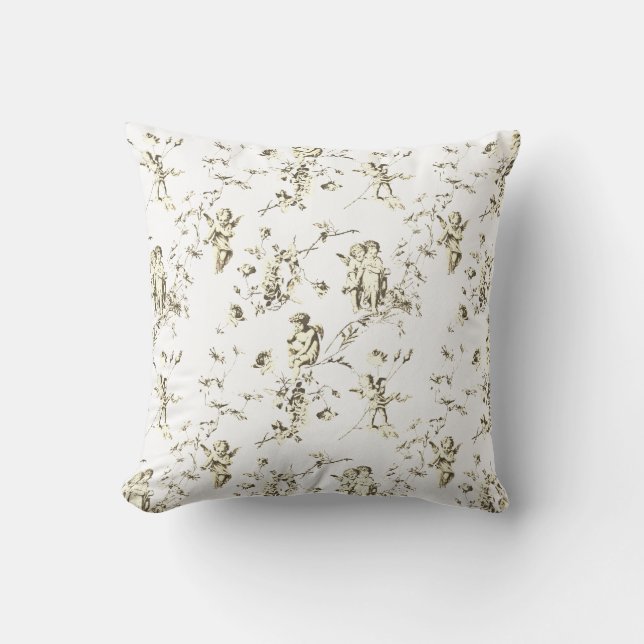 Elegant Cupid Angels Beige White Floral Toile Cushion (Front)