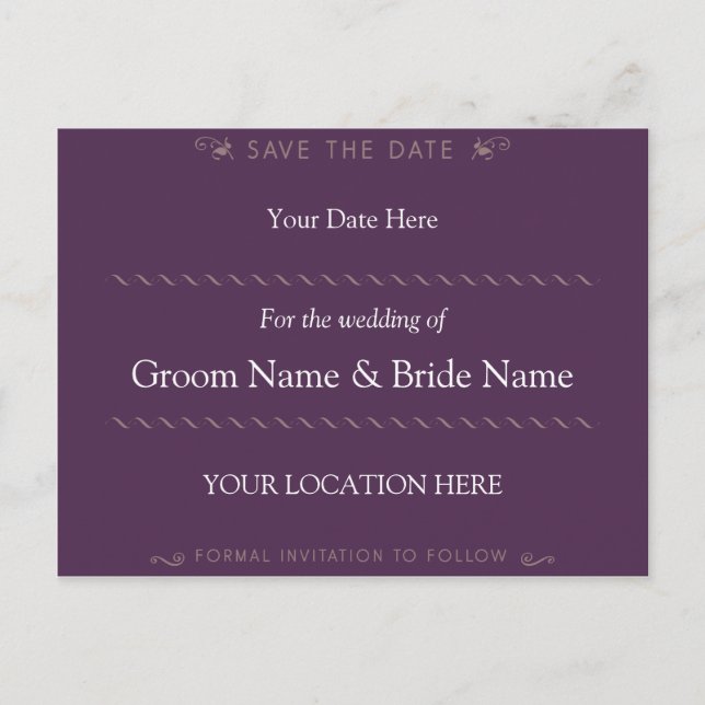 Elegant Curl Purple Save the Date Postcard (Front)