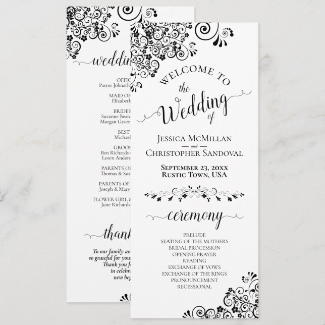 Elegant Curls & Swirls Black & White Wedding Programme (Front/Back)