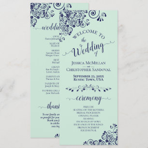 Elegant Curls & Swirls Mint Green & Navy Wedding Programme
