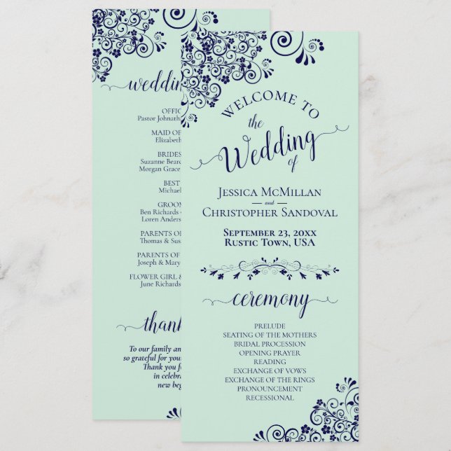 Elegant Curls & Swirls Mint Green & Navy Wedding Programme (Front/Back)