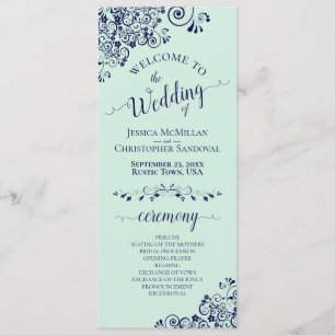 Elegant Curls & Swirls Mint Green & Navy Wedding Programme