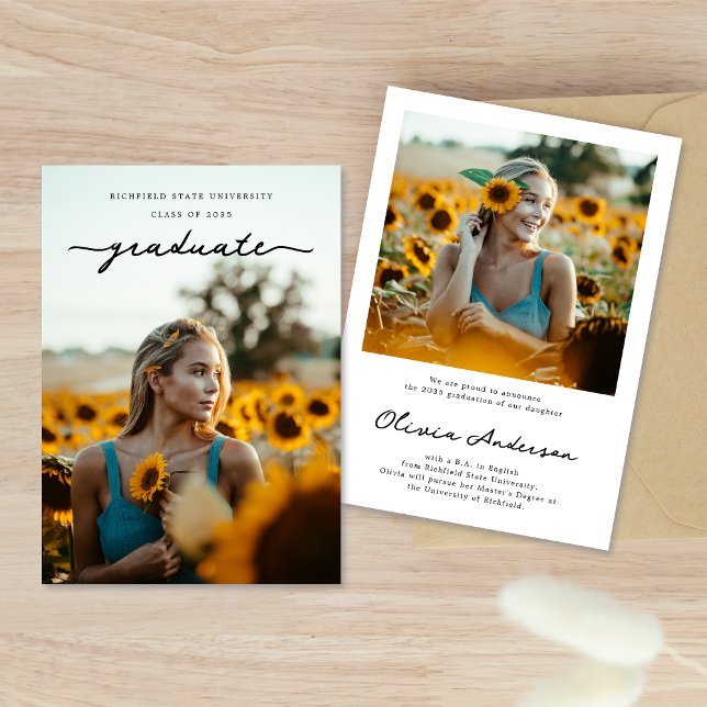 Elegant Cursive Graduate Script Photo Graduation Announcement (Creator Uploaded)